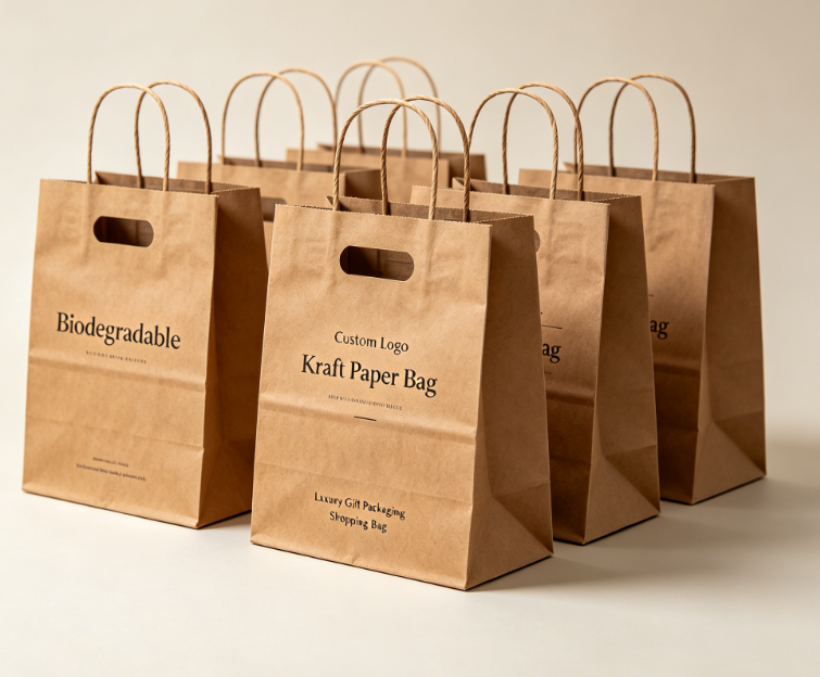 Custom Logo Biodegradable Die Cut Handle Kraft Paper Gift Shopping Bag