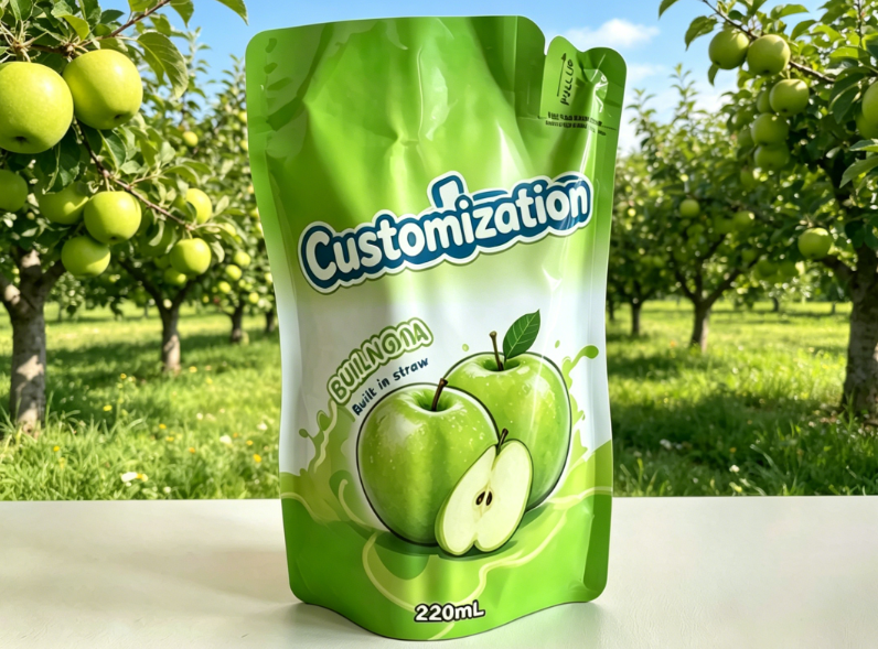 Custom Printed Built-in Straw Pouches 220ml For Juice Fruit Puree Drinks
