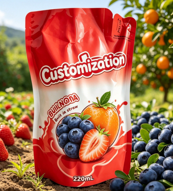 Custom Printed Built-in Straw Pouches 220ml For Juice Fruit Puree Drinks