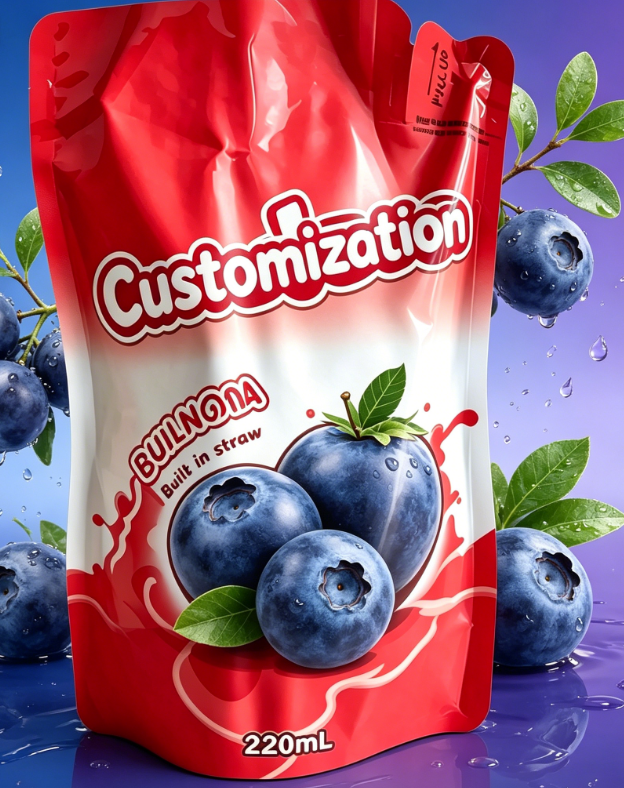 Custom Printed Built-in Straw Pouches 220ml For Juice Fruit Puree Drinks