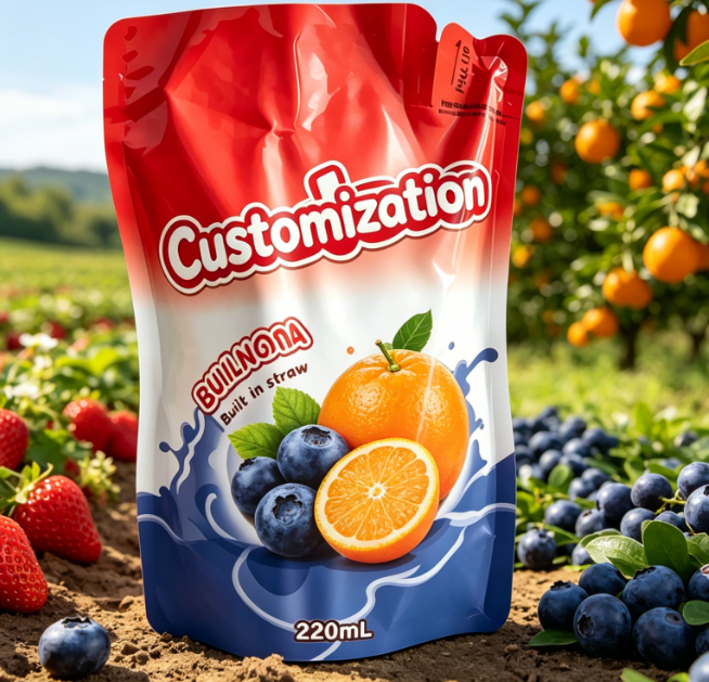 Custom Printed Built-in Straw Pouches 220ml For Juice Fruit Puree Drinks