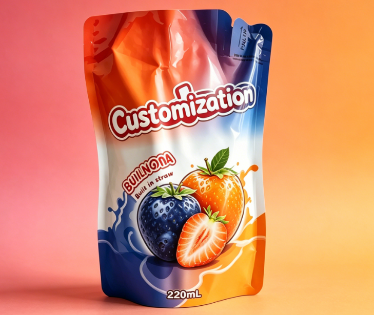 Custom Printed Built-in Straw Pouches 220ml For Juice Fruit Puree Drinks