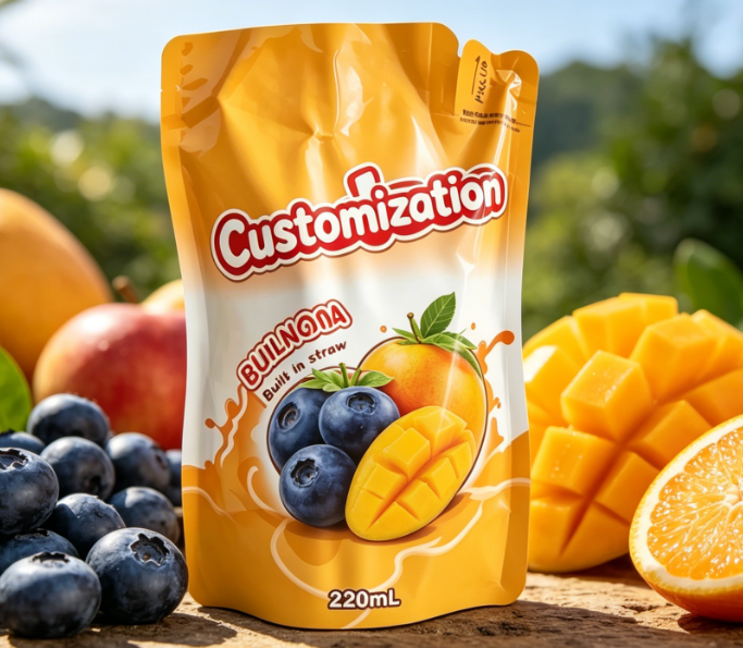 Custom Printed Built-in Straw Pouches 220ml For Juice Fruit Puree Drinks