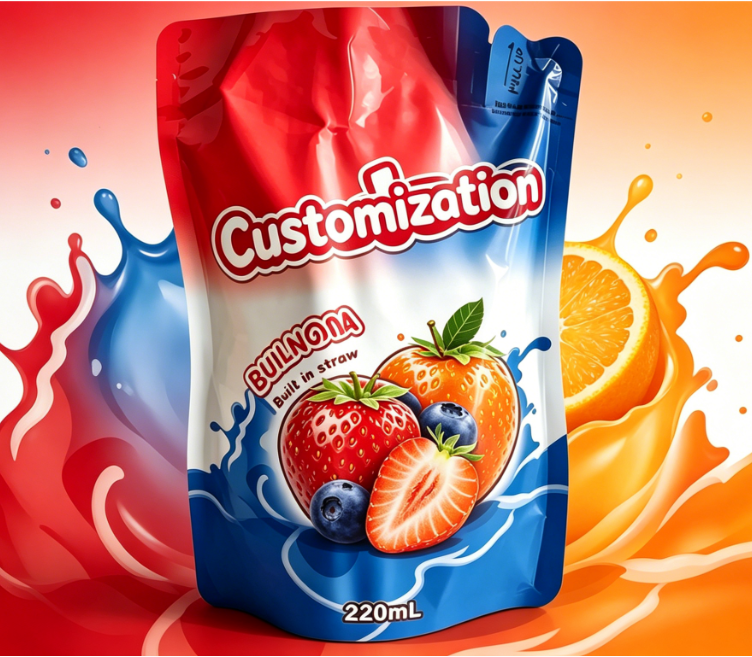 Custom Printed Built-in Straw Pouches 220ml For Juice Fruit Puree Drinks