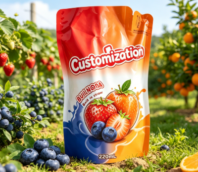 Custom Printed Built-in Straw Pouches 220ml For Juice Fruit Puree Drinks