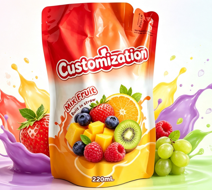 220ml Mixta Fructus Succus inaedificatus in Straw Pouches Custom Impensis Potus Packaging Sacculi