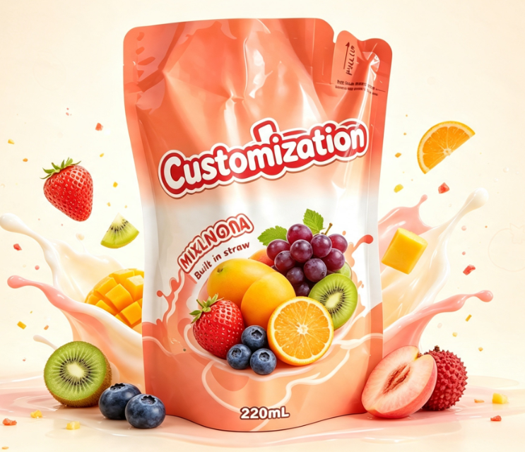 220ml Mixta Fructus Succus inaedificatus in Straw Pouches Custom Impensis Potus Packaging Sacculi