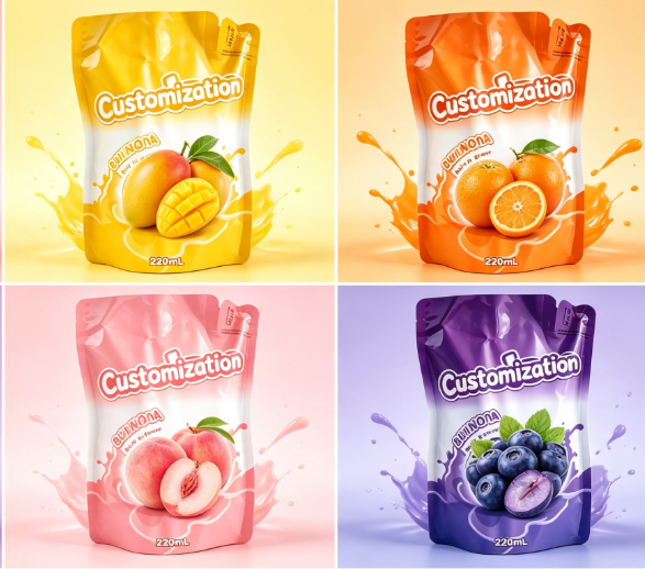 Multi Sapores 220ml Inaedificata Straw Exprimendum Pouches Custom Fruit Puree & Juice Packaging Sacculi