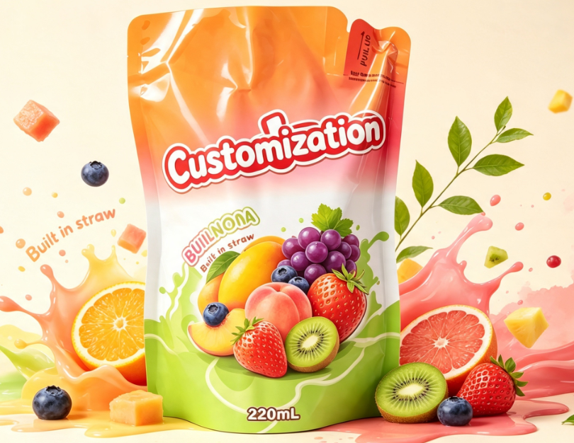 220ml Mixta Fructus Succus inaedificatus in Straw Pouches Custom Impensis Potus Packaging Sacculi